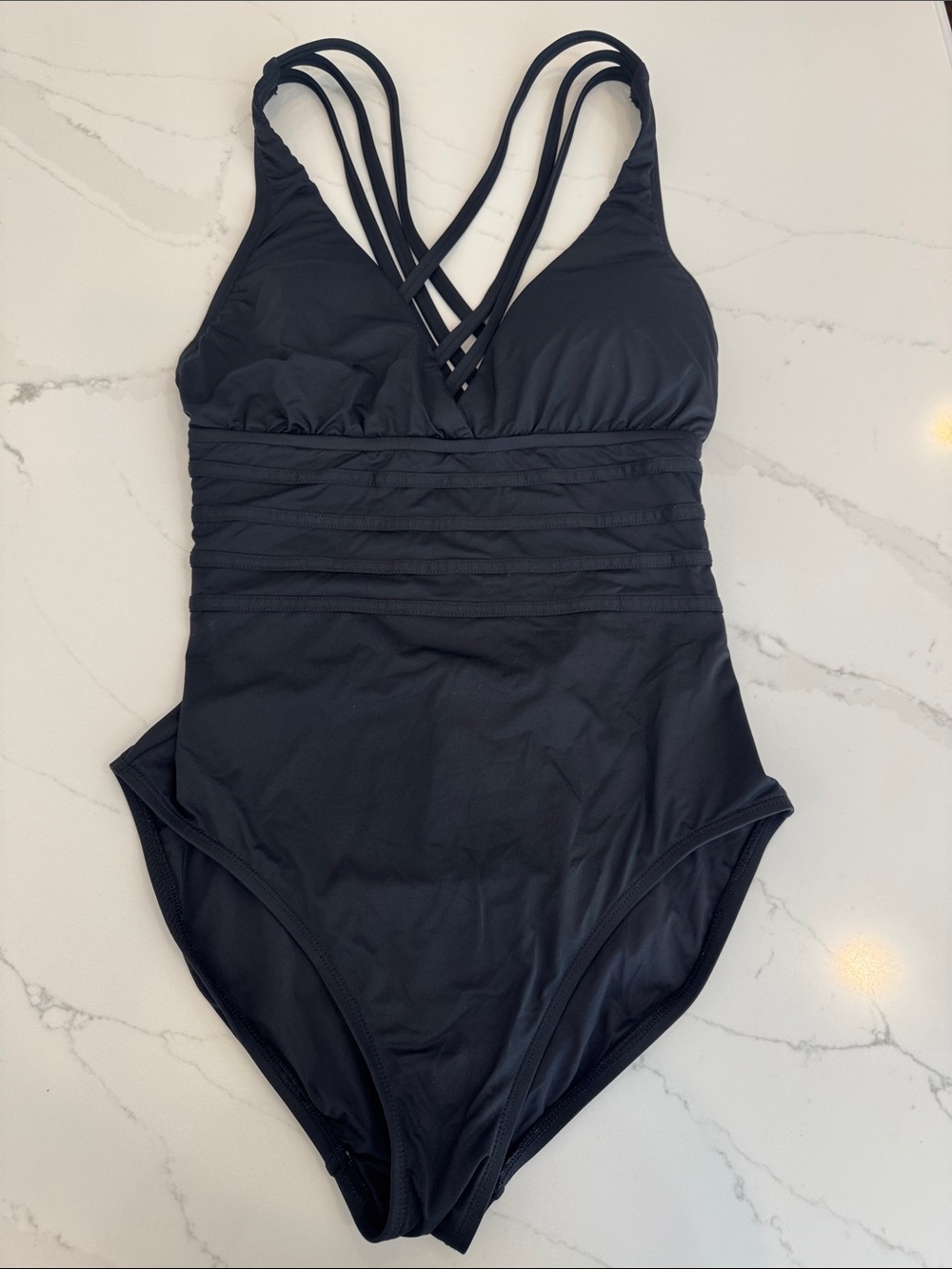 La Blanca Island Goddess Black Strappy V‑Neck One‑Piece Swimsuit Size 10